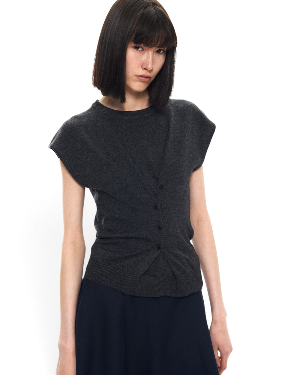 Charcoal Wool-Blend Multiway Buttoned Knit Top