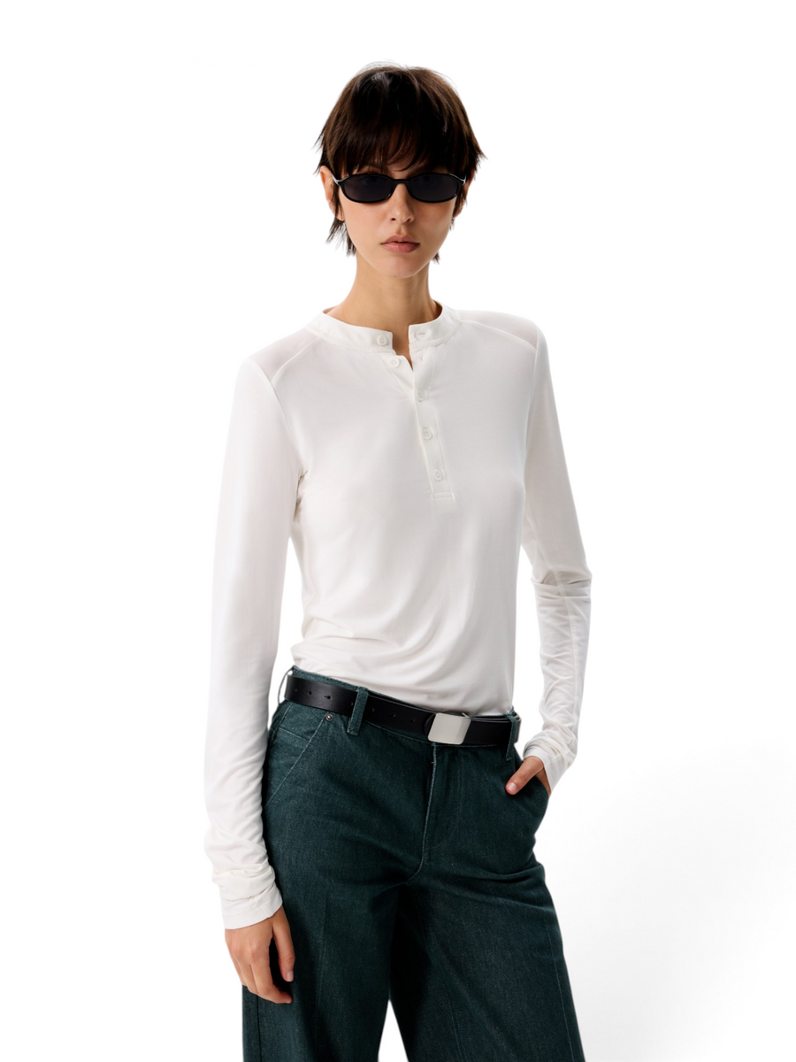 Modal Henley Long-Sleeve Top with Acetate Trim
